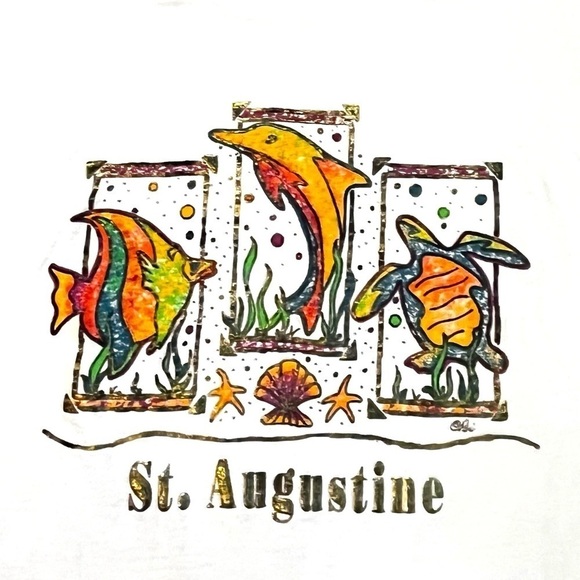 Vintage T-Shirt Puff Paint St Augustine Colorful Ocean Dolphin Turtle Fish Large - Picture 1 of 6